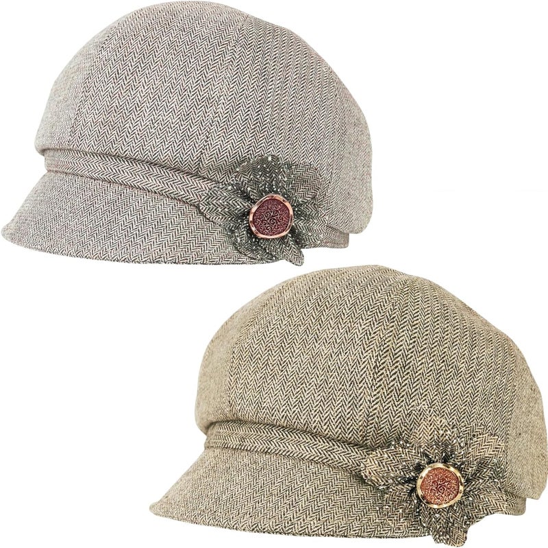 stablerice 2 Pcs Womens Newsboy Cap Women Retro Classic Visor Newsboy Cabbie Cap Beret Hats with Flower Buckle - Image 1